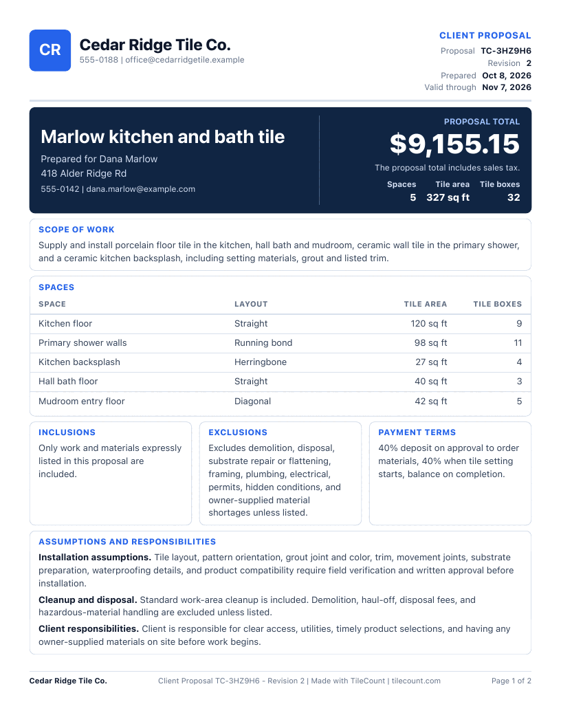 Sample proposal page 1: company, customer, proposal total, scope of work, five spaces, inclusions, exclusions, payment terms