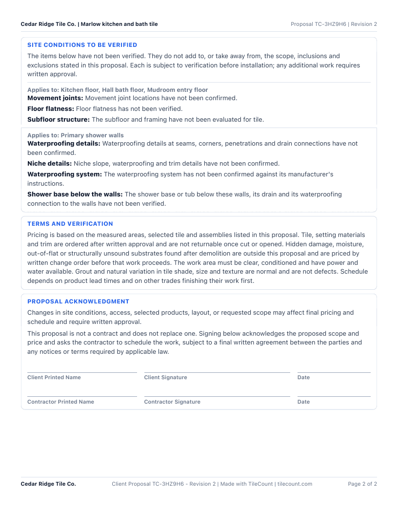Sample proposal page 2: site conditions to be verified, terms, acknowledgment and signature lines