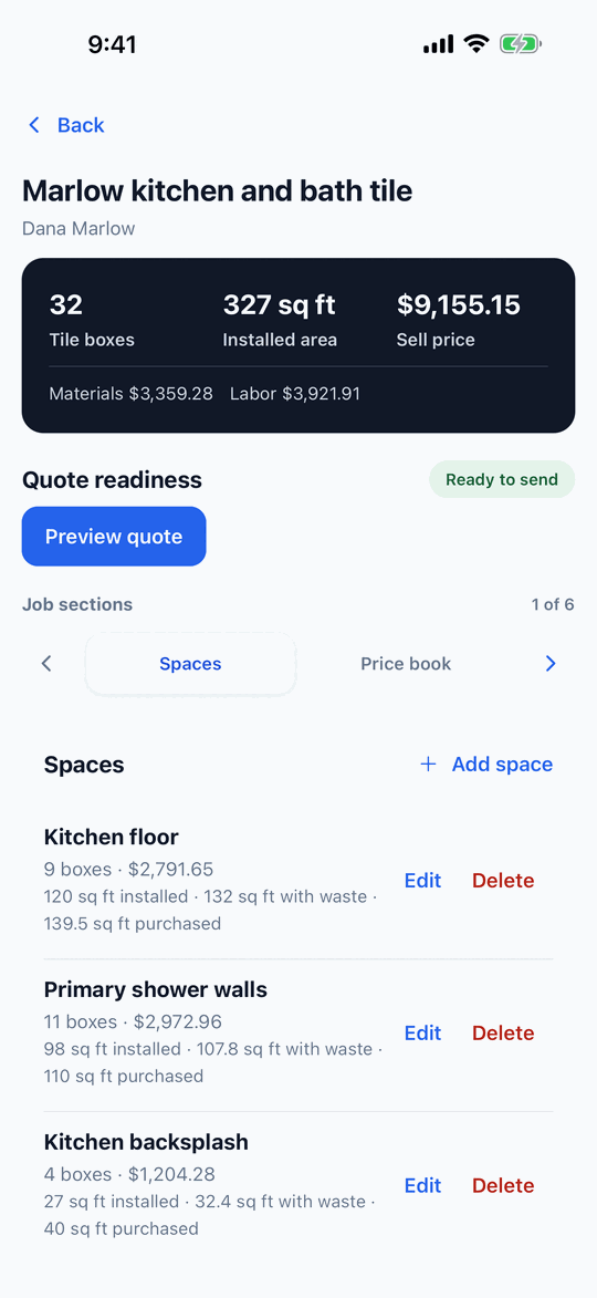 A saved job with five spaces, 32 tile boxes, 327 square feet and a sell price