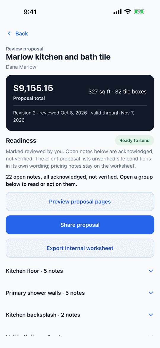 Reviewed quote marked ready to send, with preview, share and worksheet actions