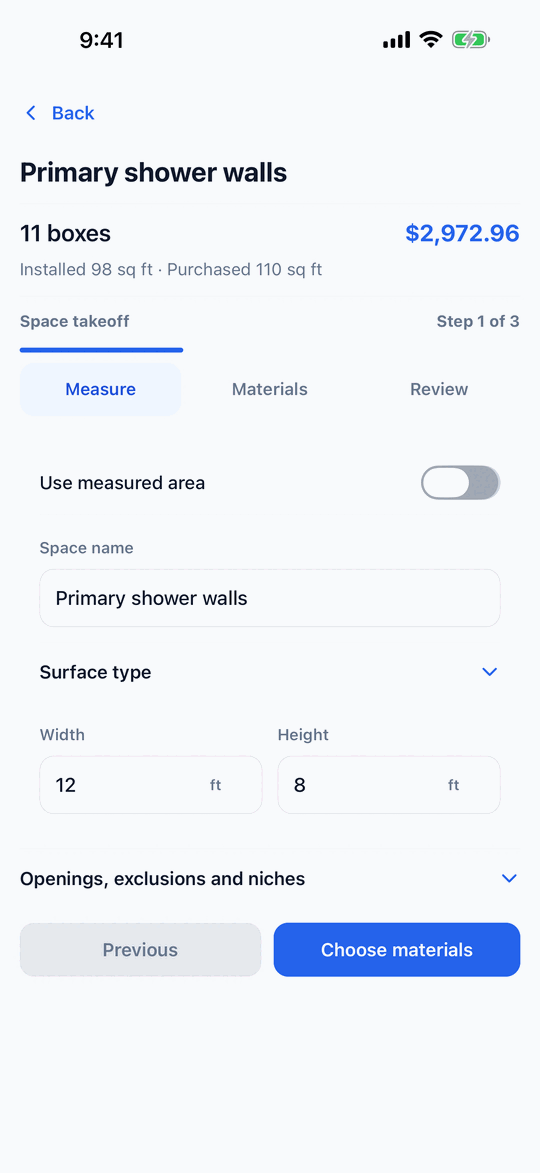 Space editor, step one of three: measure the shower walls
